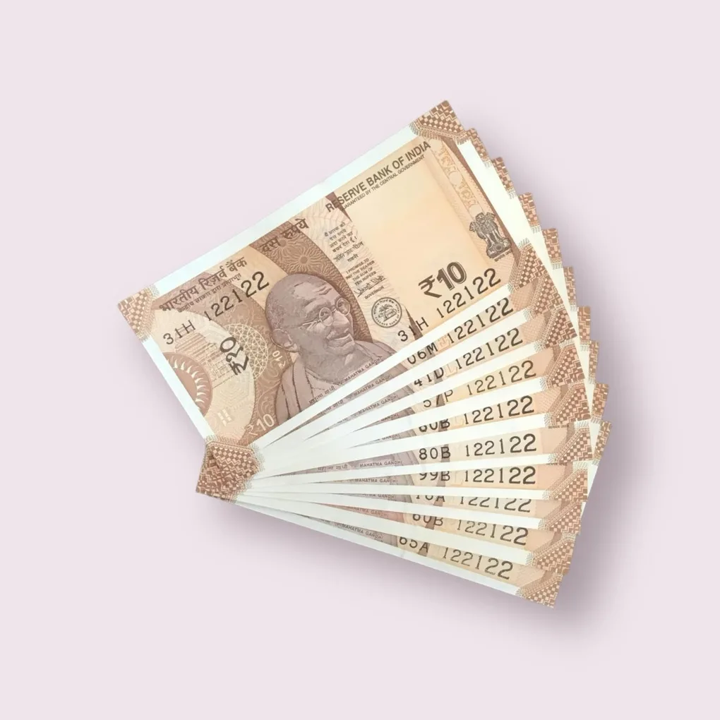 Rs 10/- India Bank Note Semi Fancy 10 Note Same Number Set 122122 Unique and Rare