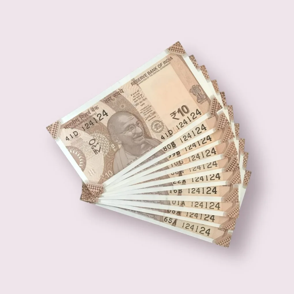 Rs 10/- India Bank Note Semi Fancy 10 Note Same Number Set 124124 Unique and Rare