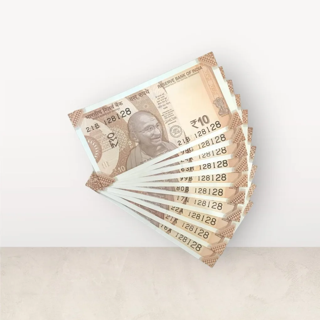 Rs 10/- India Bank Note Semi Fancy 10 Note Same Number Set 128128 Unique and Rare