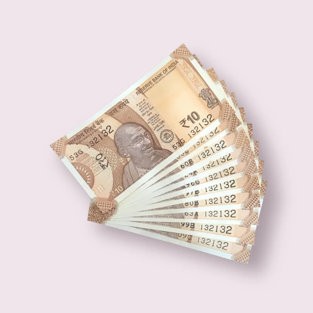 Rs 10/- India Bank Note Semi Fancy 10 Note Same Number Set 132132 Unique and Rare