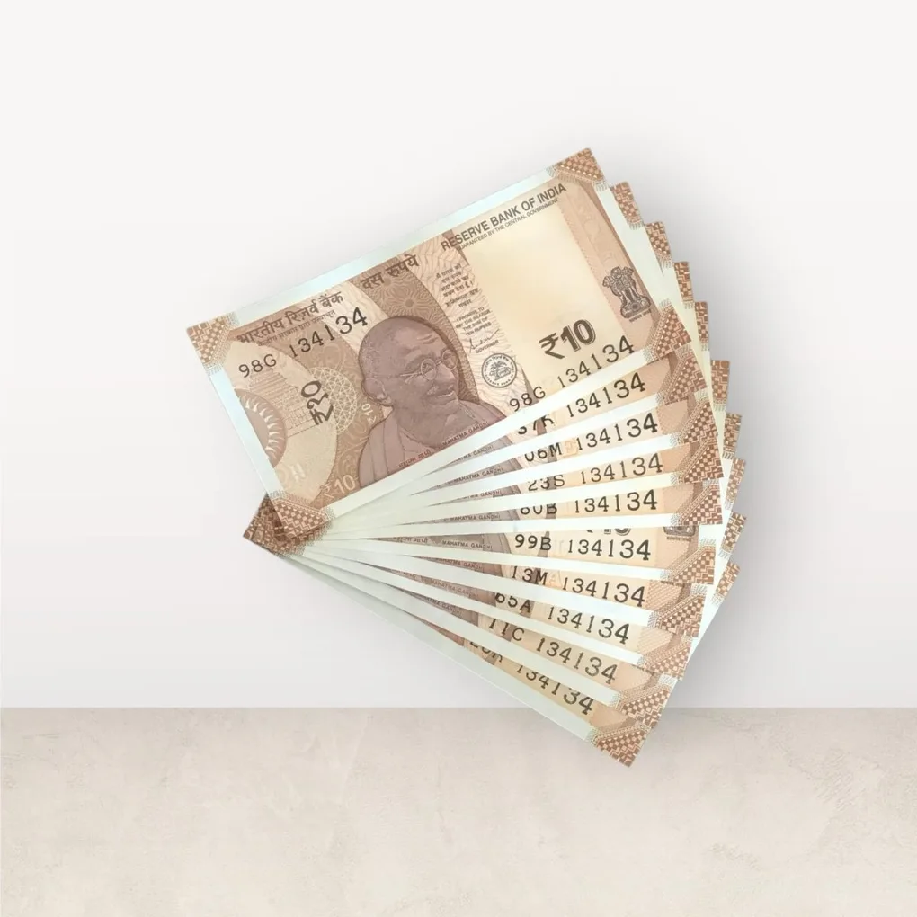 Rs 10/- India Bank Note Semi Fancy 10 Note Same Number Set 134134 Unique and Rare