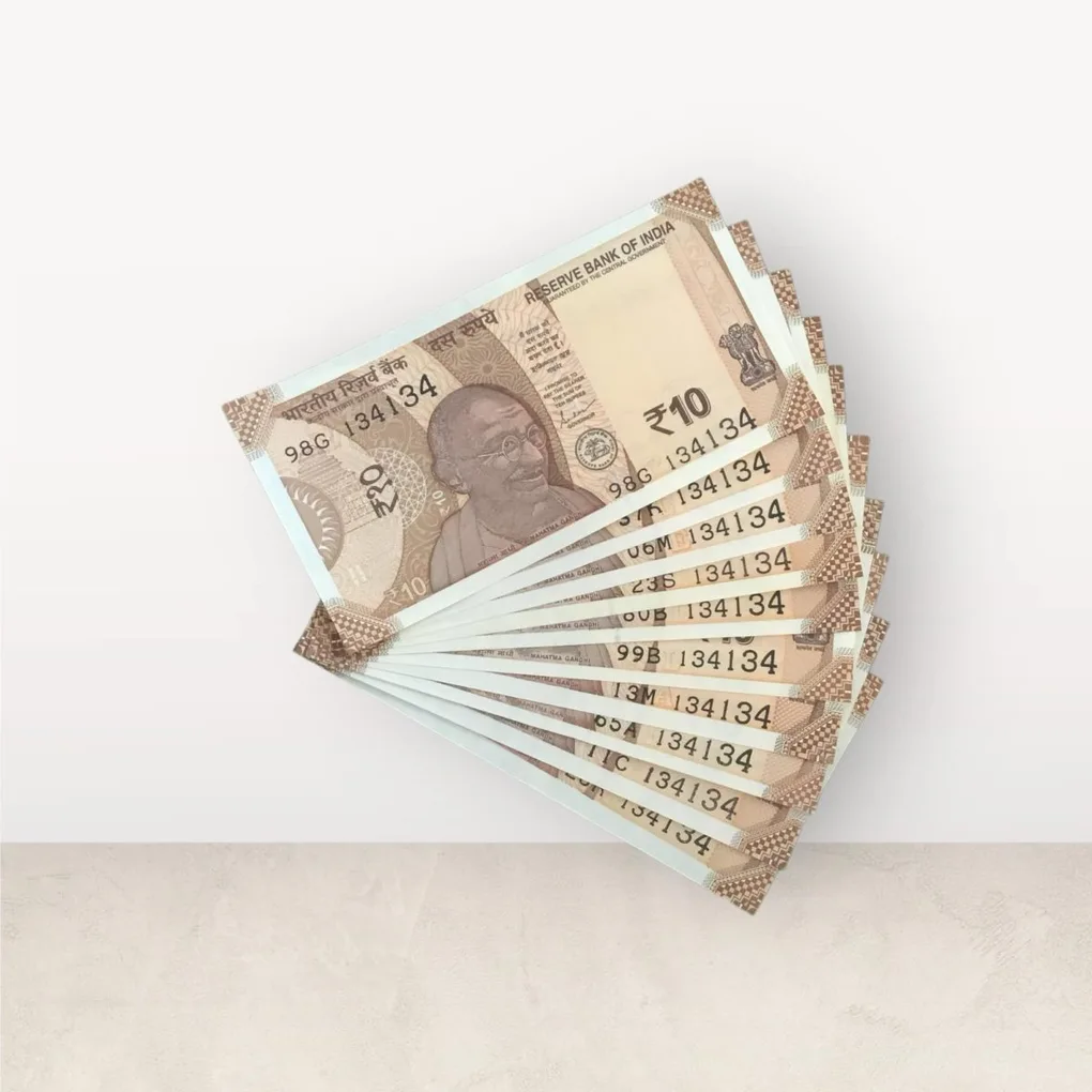 Rs 10/- India Bank Note Semi Fancy 10 Note Same Number Set 134134 Unique and Rare