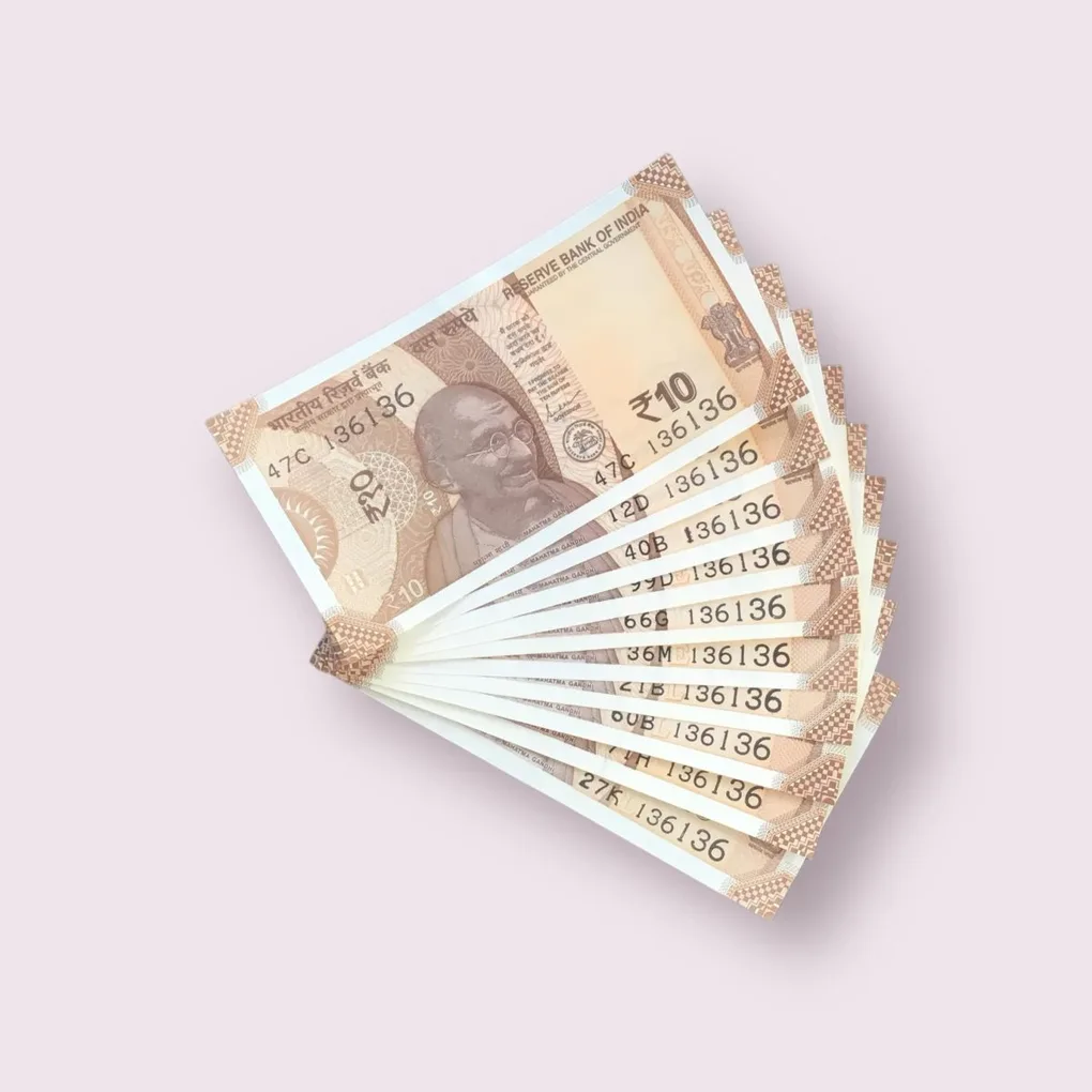 Rs 10/- India Bank Note Semi Fancy 10 Note Same Number Set 136136 Unique and Rare