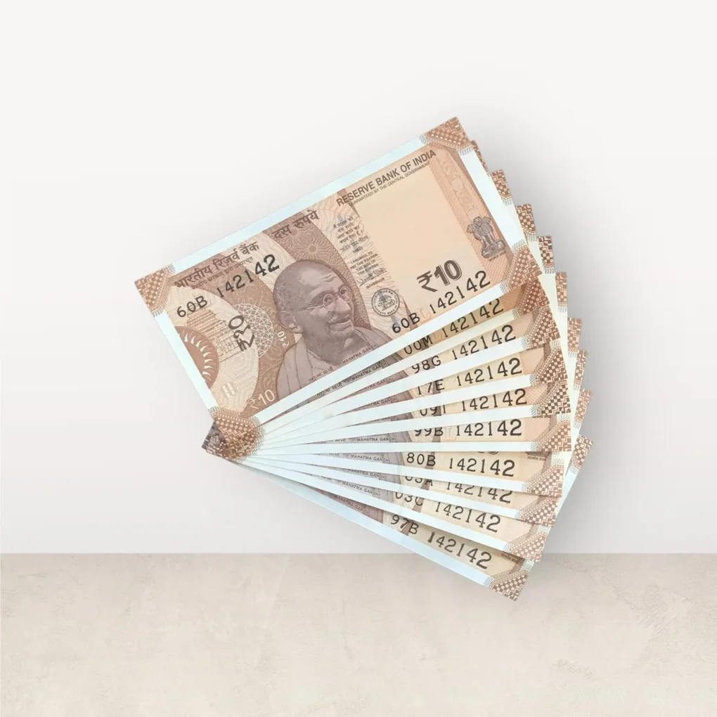 Rs 10/- India Bank Note Semi Fancy 10 Note Same Number Set 142142 Unique and Rare