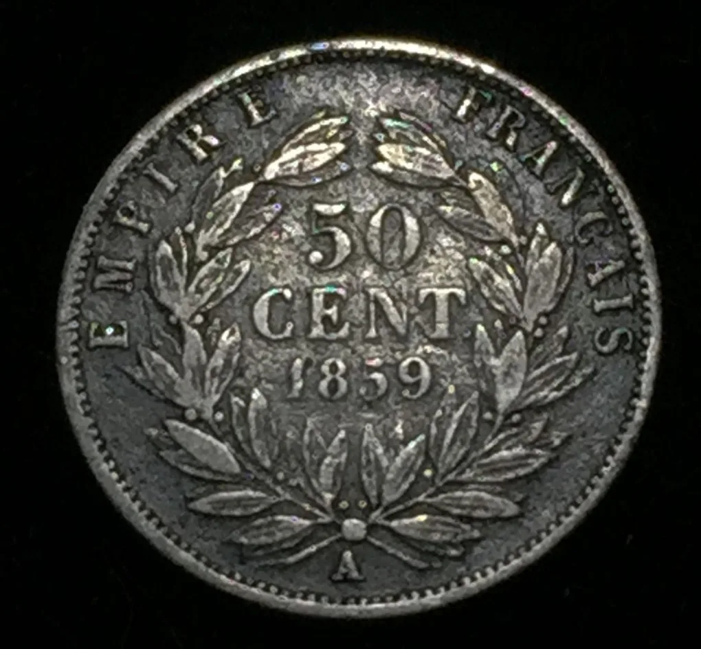 France 50 Centimes 1859 - Napoleon III rare Silver coin # M-114