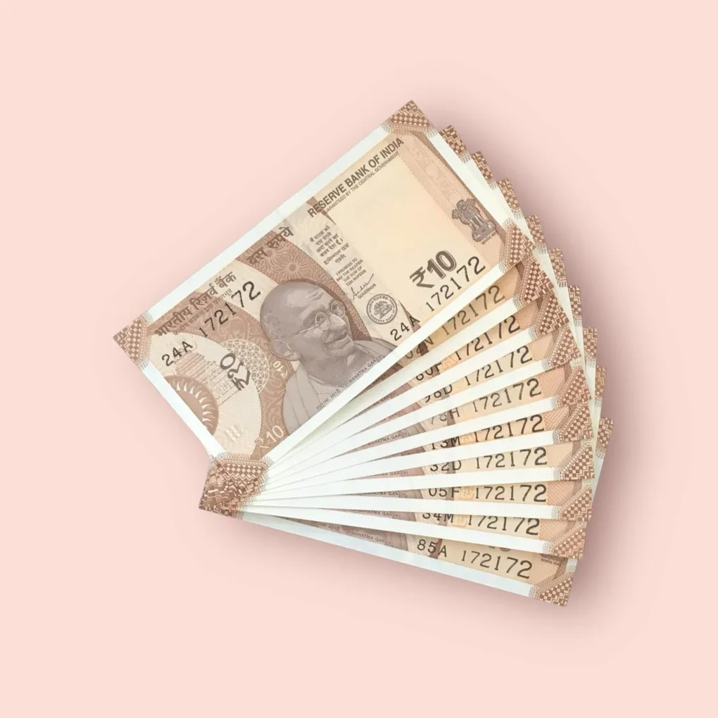 Rs 10/- India Bank Note Semi Fancy 10 Note Same Number Set 172172 Unique and Rare
