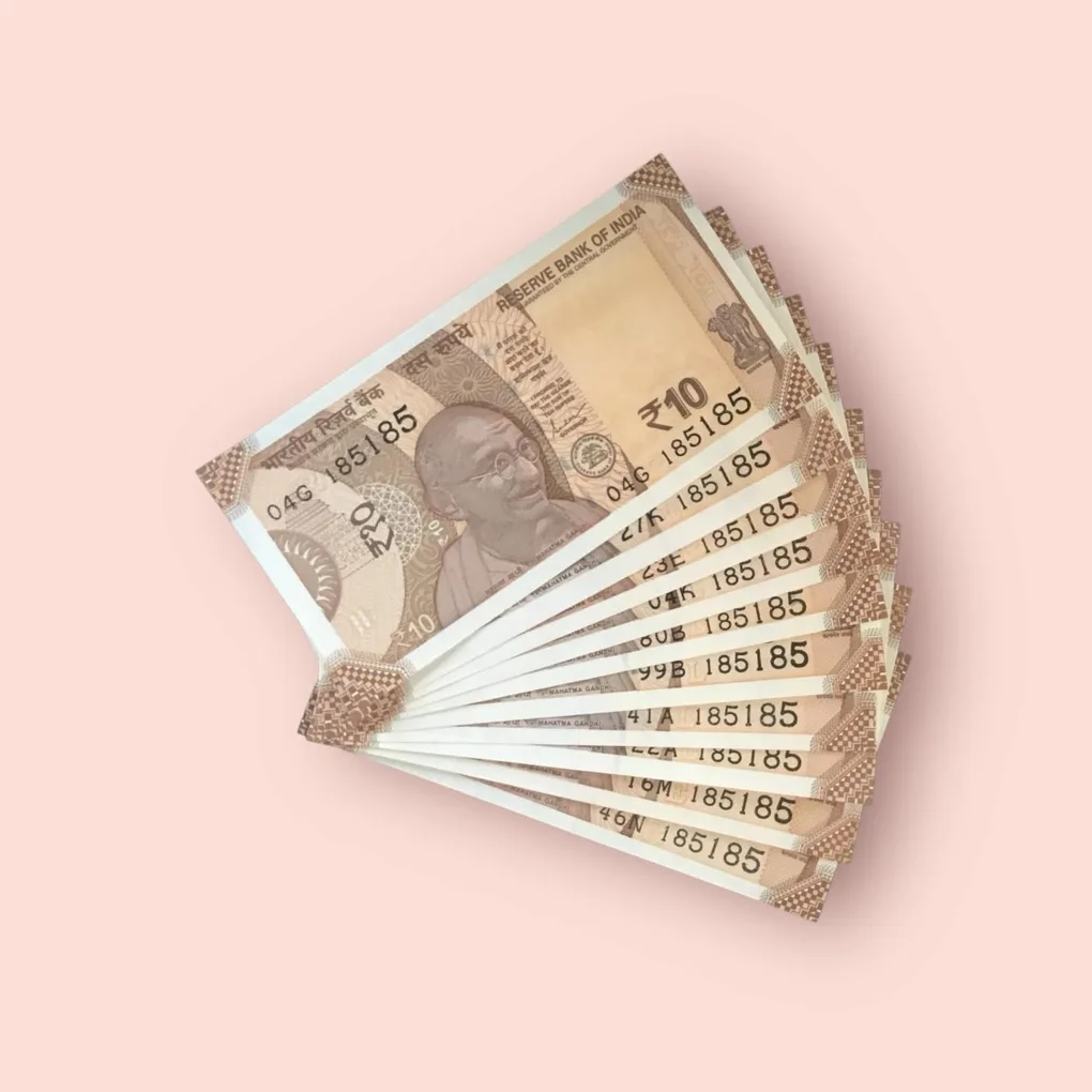 Rs 10/- India Bank Note Semi Fancy 10 Note Same Number Set 185185 Unique and Rare