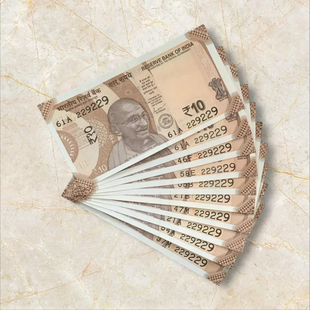 Rs 10/- India Bank Note Semi Fancy 10 Note Same Number Set 229229 Unique and Rare