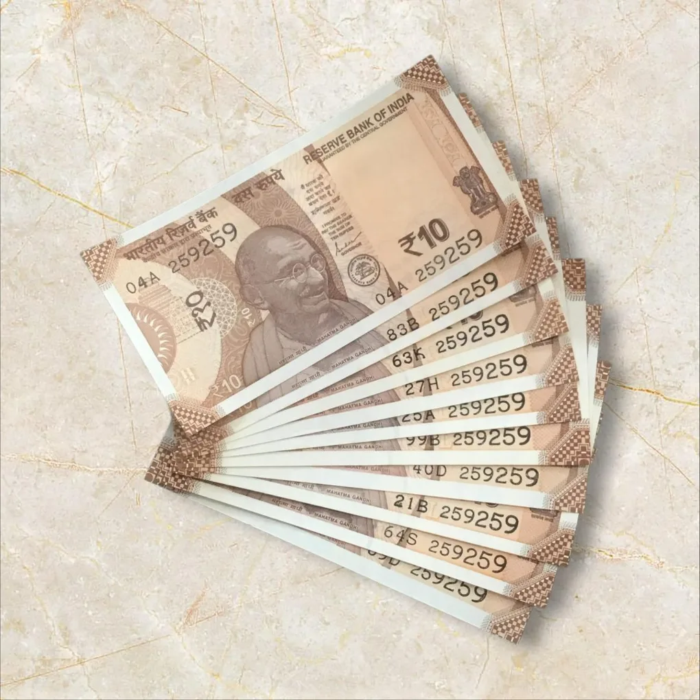 Rs 10/- India Bank Note Semi Fancy 10 Note Same Number Set 259259 Unique and Rare