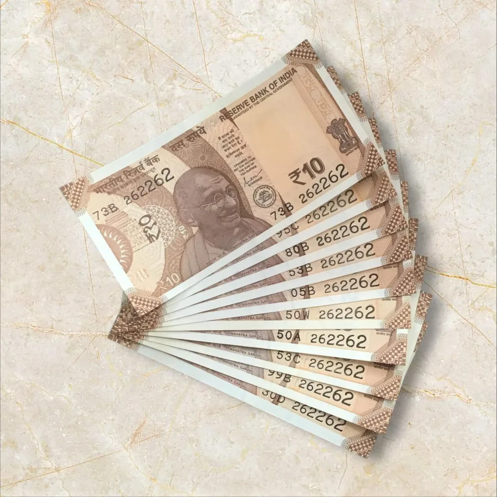 Rs 10/- India Bank Note Semi Fancy 10 Note Same Number Set 262262 Unique and Rare