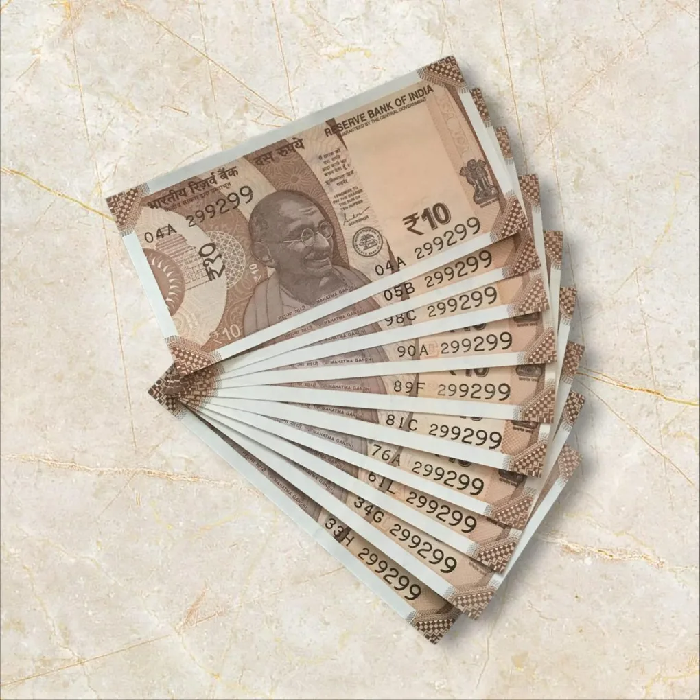 Rs 10/- India Bank Note Semi Fancy 10 Note Same Number Set 299299 Unique and Rare