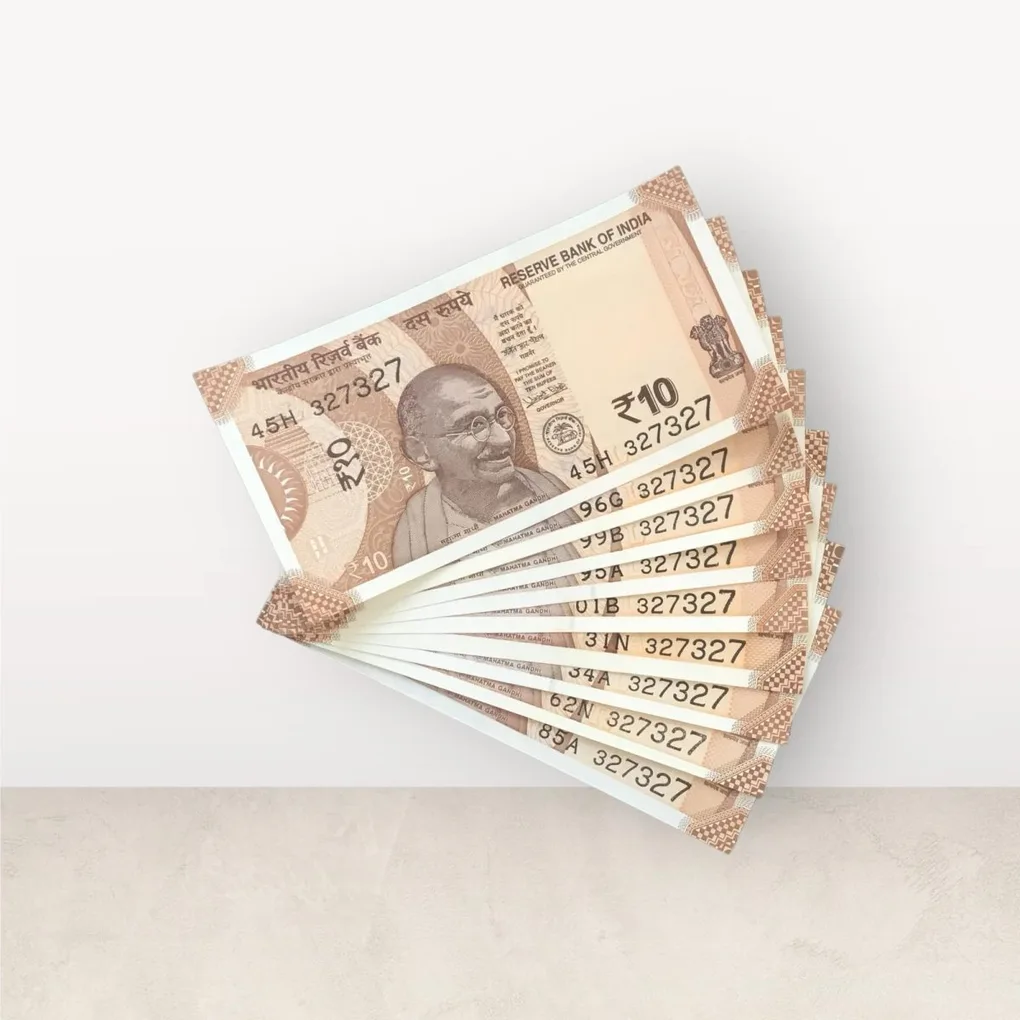 Rs 10/- India Bank Note Semi Fancy 10 Note Same Number Set 327327 Unique and Rare