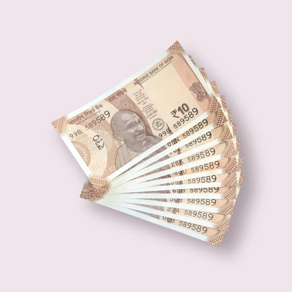 Rs 10/- India Bank Note Semi Fancy 10 Note Same Number Set 589589 Unique and Rare