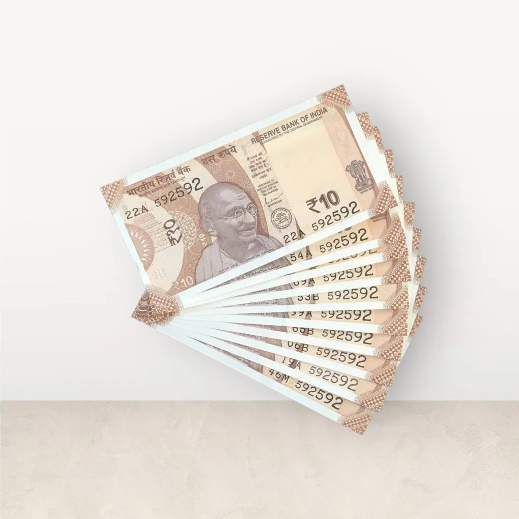 Rs 10/- India Bank Note Semi Fancy 10 Note Same Number Set 592592 Unique and Rare