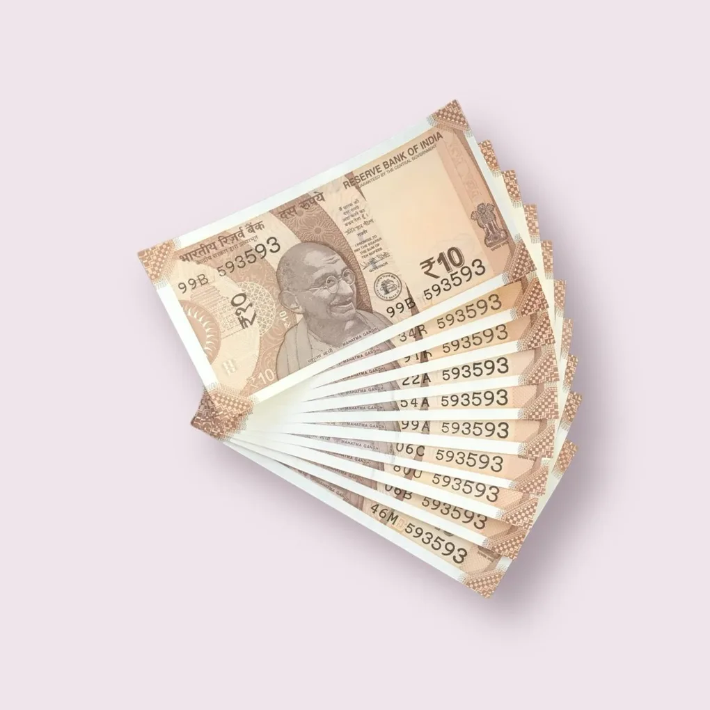 Rs 10/- India Bank Note Semi Fancy 10 Note Same Number Set 593593 Unique and Rare