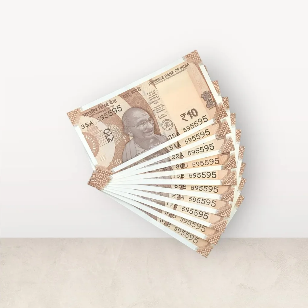 Rs 10/- India Bank Note Semi Fancy 10 Note Same Number Set 595595 Unique and Rare