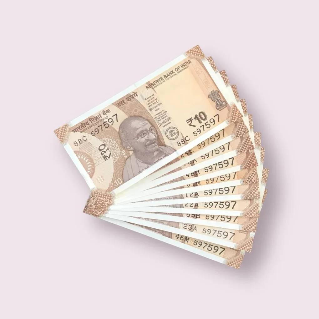 Rs 10/- India Bank Note Semi Fancy 10 Note Same Number Set 597597 Unique and Rare