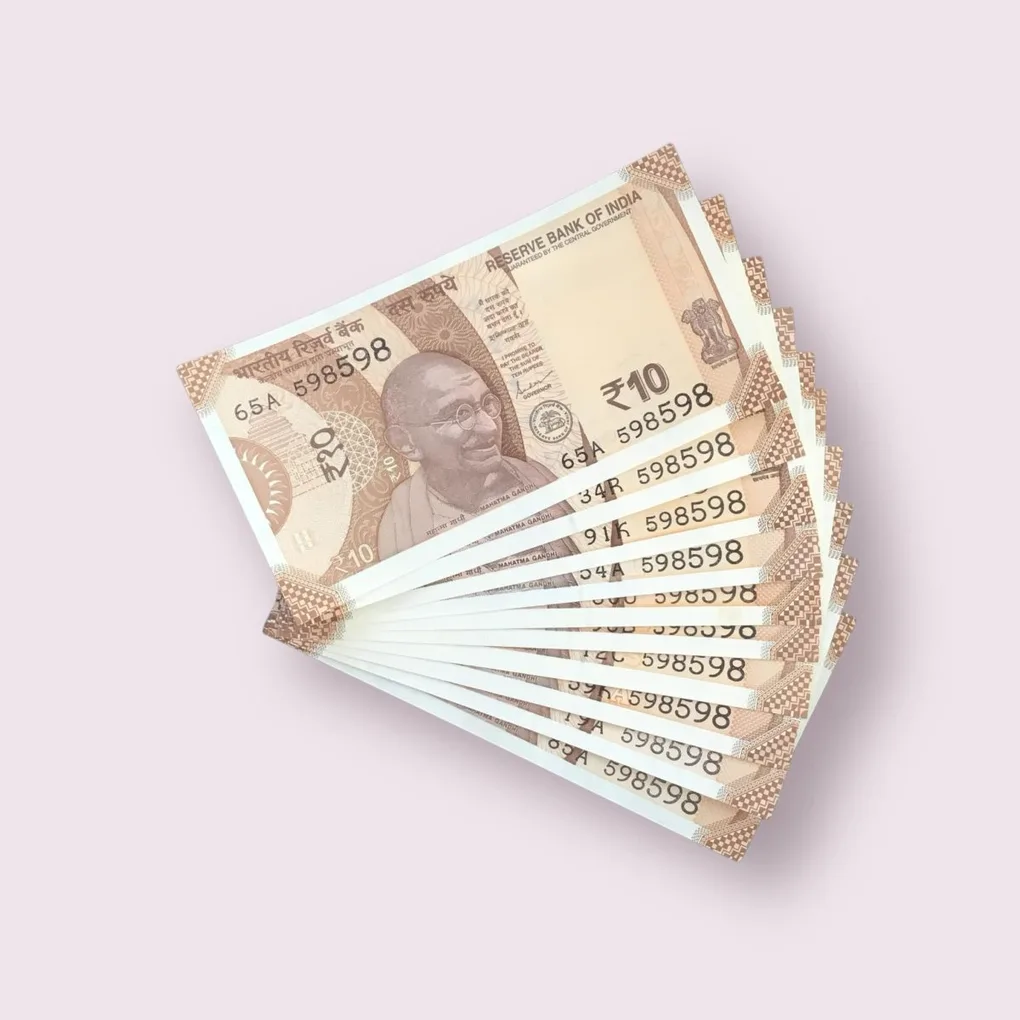 Rs 10/- India Bank Note Semi Fancy 10 Note Same Number Set 598598 Unique and Rare