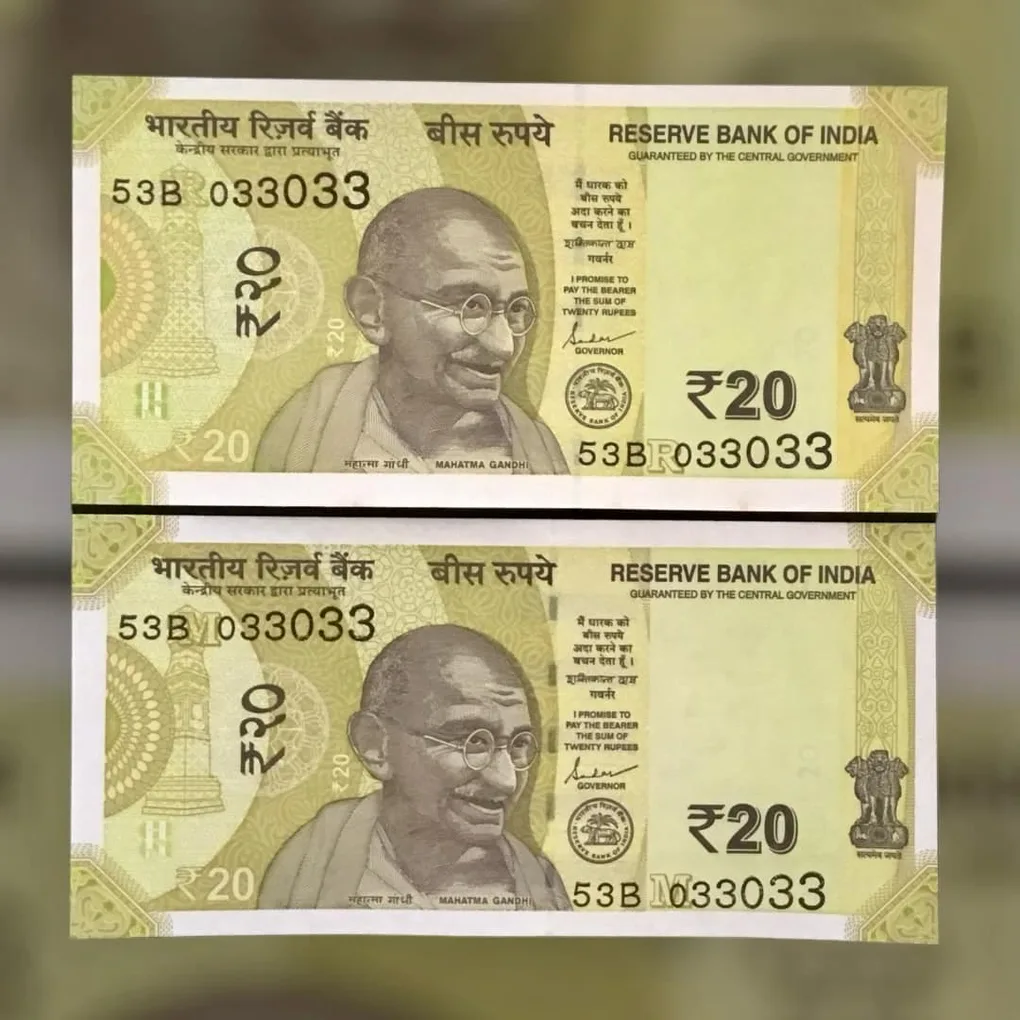 Rs 20 India Banknote Semi Fancy Twin Set 53B 033033 Unique and Rare