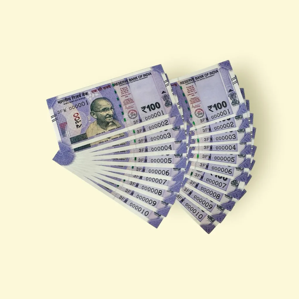 Rs 100 India Banknote 10 Note Same Twin Number Sets 000001 to 000010 Unique and Rare