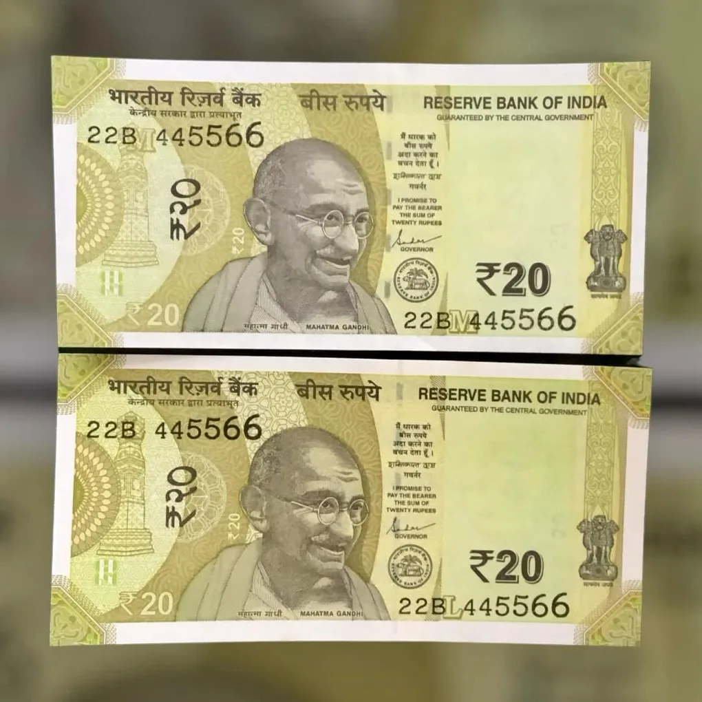 Rs 20 India Banknote Semi Fancy Twin Set 22B 445566 Unique and Rare