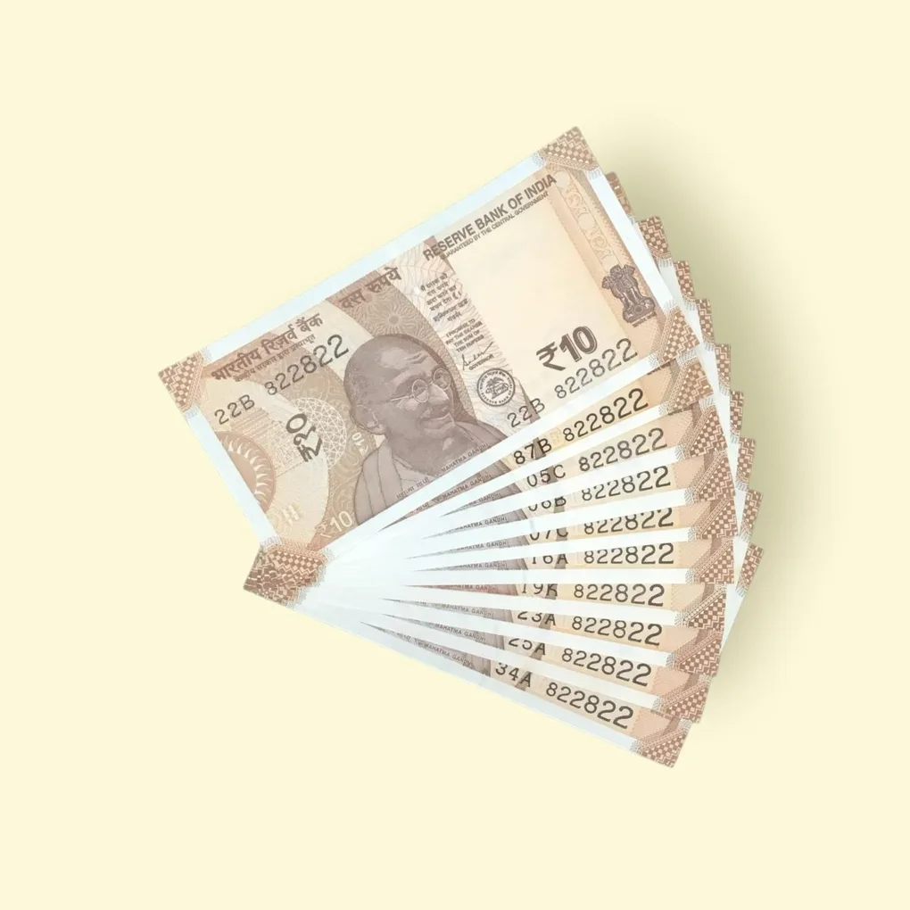 Rs 10/- India Bank Note 10 Note Same Number Set 822822 GEM UNC