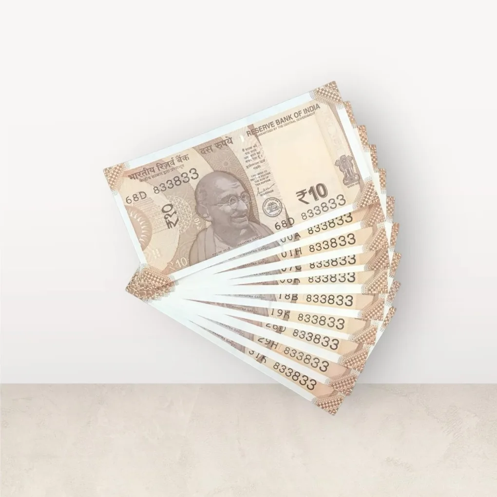 Rs 10/- India Bank Note Semi Fancy 10 Note Same Number Set 833833 Unique and Rare