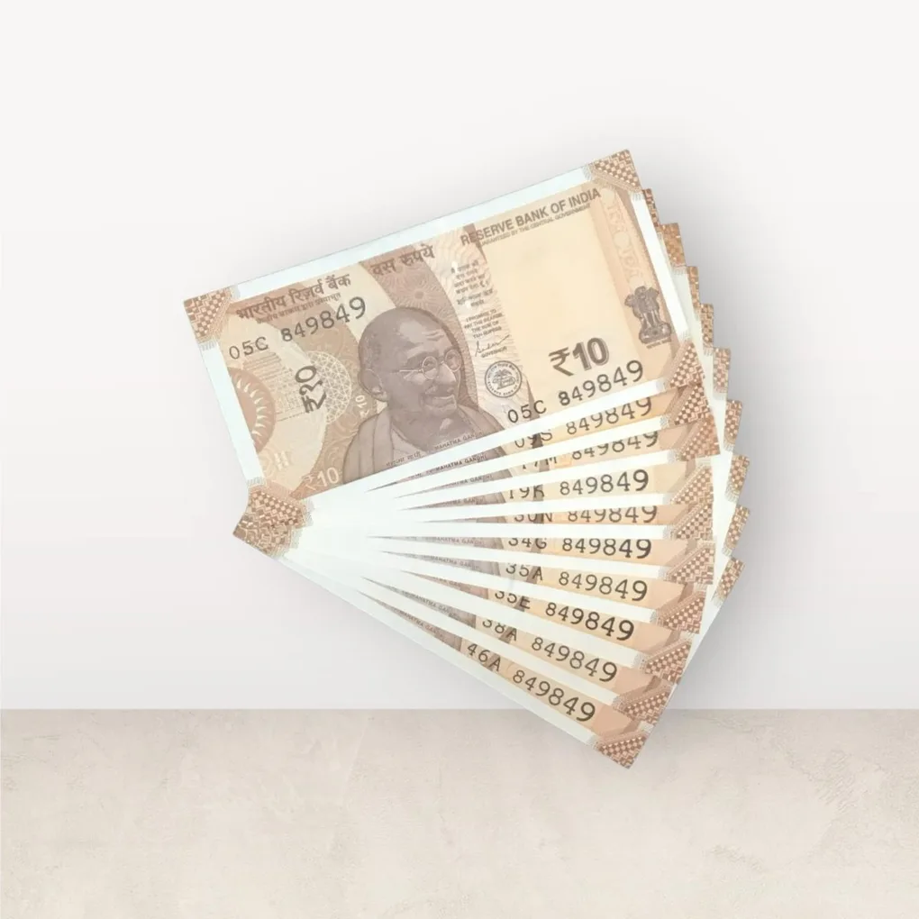Rs 10/- India Bank Note Semi Fancy 10 Note Same Number Set 849849 Unique and Rare