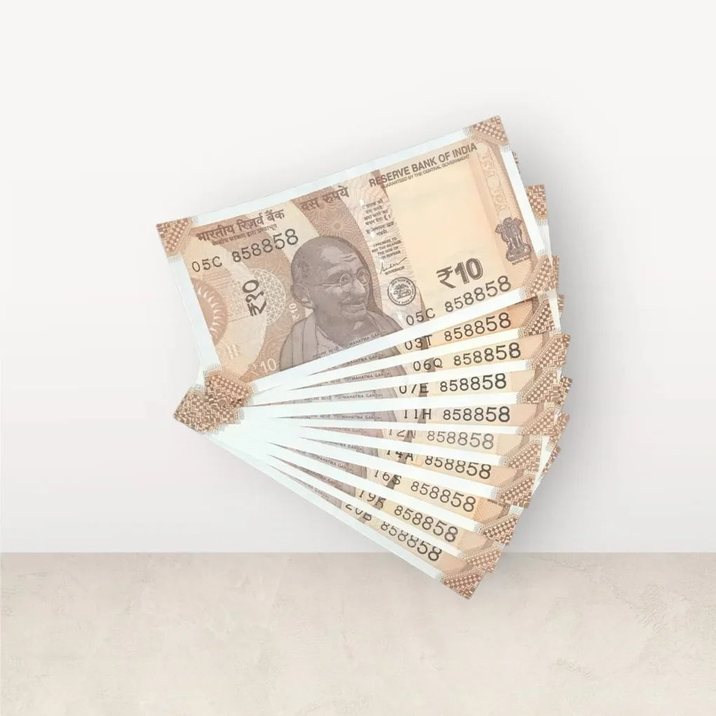 Rs 10/- India Bank Note Semi Fancy 10 Note Same Number Set 858858 Unique and Rare