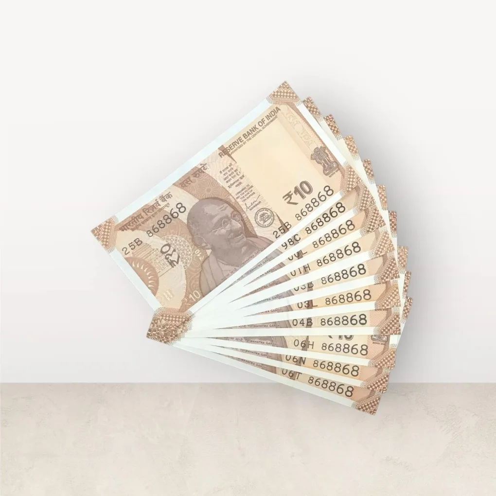 Rs 10/- India Bank Note Semi Fancy 10 Note Same Number Set 868868 Unique and Rare