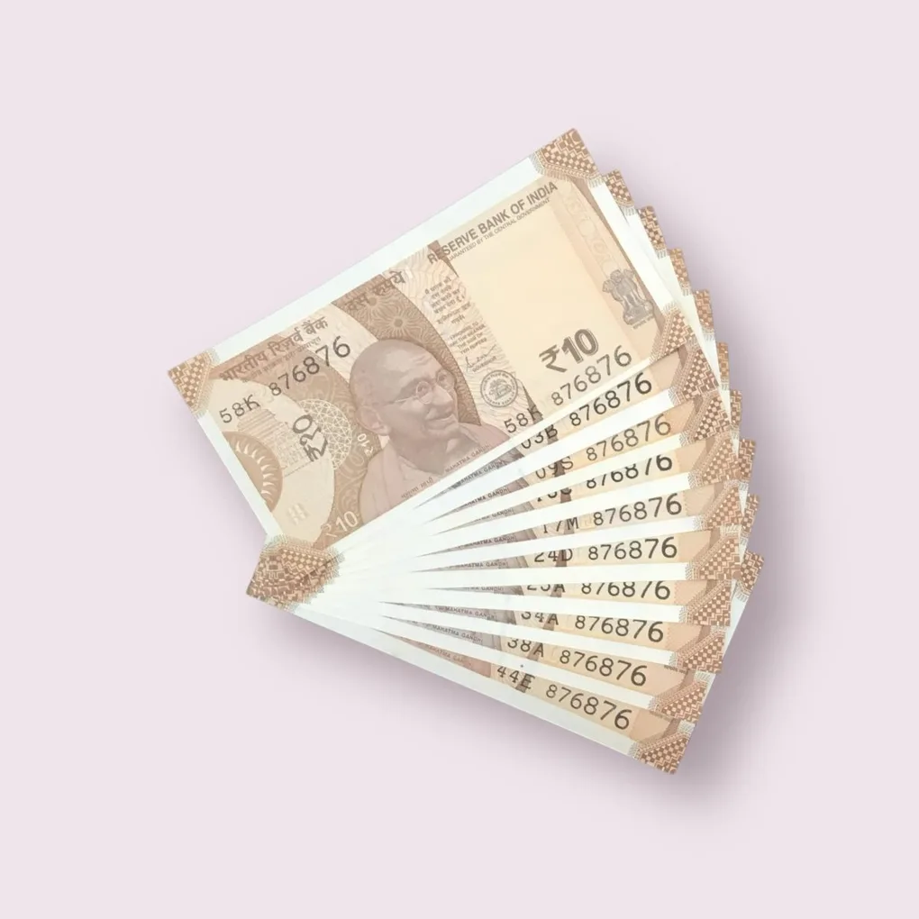 Rs 10/- India Bank Note Semi Fancy 10 Note Same Number Set 876876 Unique and Rare