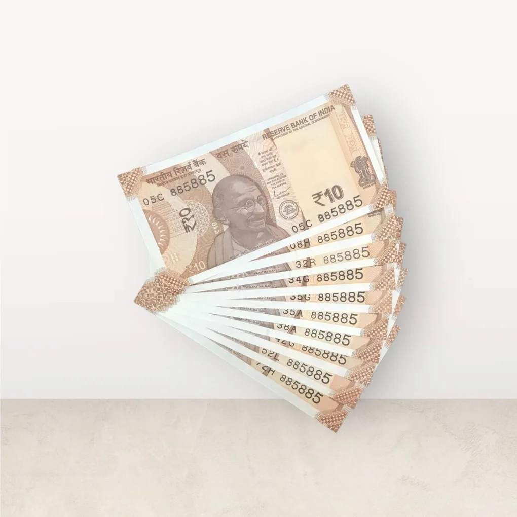 Rs 10/- India Bank Note Semi Fancy 10 Note Same Number Set 885885 Unique and Rare