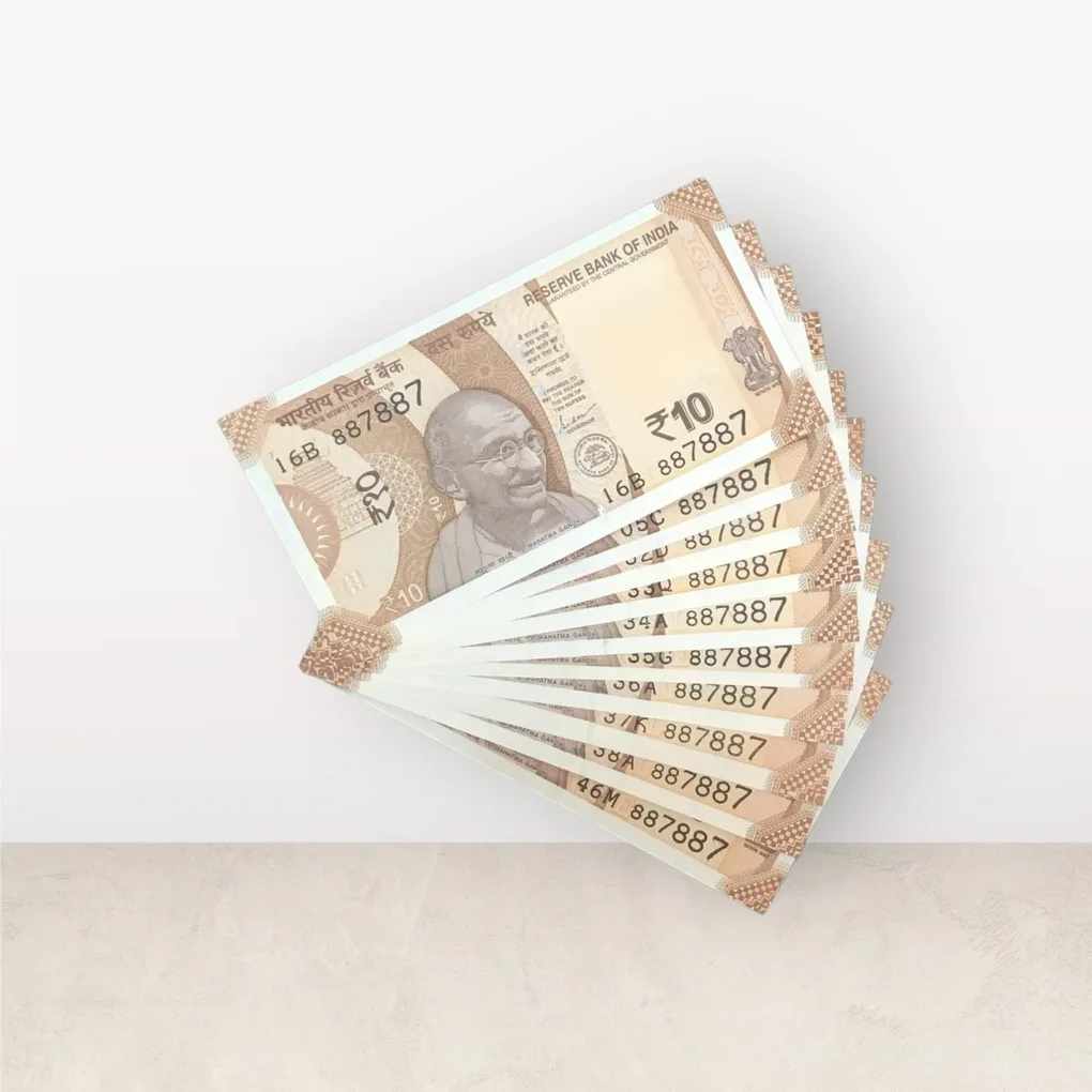 Rs 10/- India Bank Note Semi Fancy 10 Note Same Number Set 887887 Unique and Rare