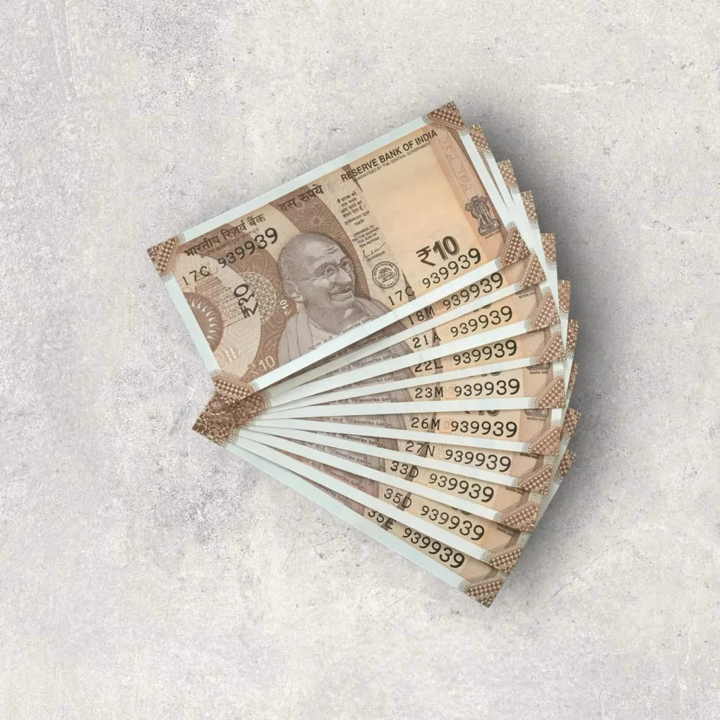 Rs 10/- India Bank Note Semi Fancy 10 Note Same Number Set 939939 Unique and Rare