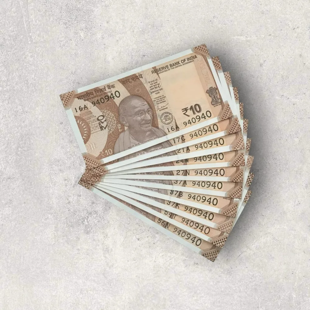 Rs 10/- India Bank Note Semi Fancy 10 Note Same Number Set 940940 Unique and Rare