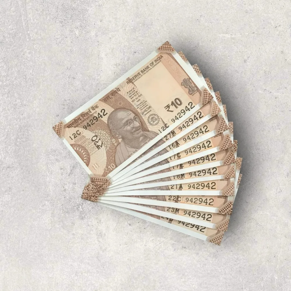 Rs 10/- India Bank Note Semi Fancy 10 Note Same Number Set 942942 Unique and Rare