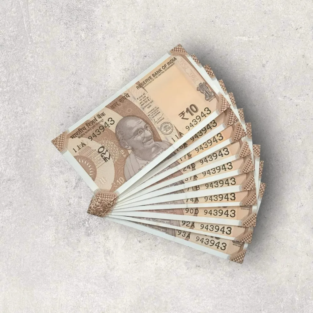 Rs 10/- India Bank Note Semi Fancy 10 Note Same Number Set 943943 Unique and Rare
