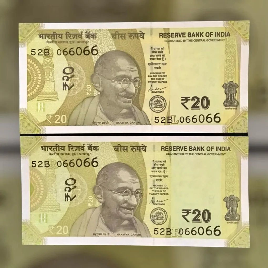 Rs 20 India Banknote Semi Fancy Twin Set 52B 066066 Unique and Rare