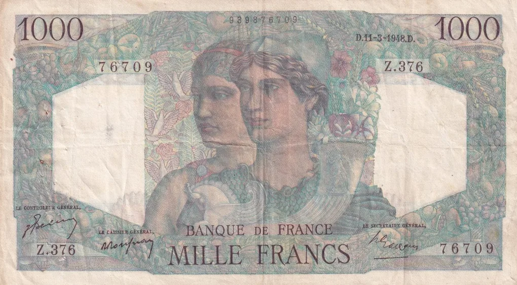 France 1000 Francs - Minerve & Hercule type 1945 Rare Bank Note