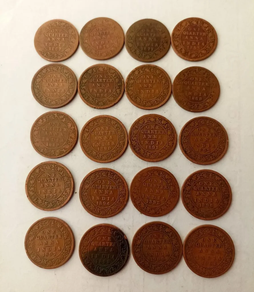 Victoria empress Denomination 1 quarter anna Set of 20 pieces of 20 different year Victoria empress Same and similar piece is available