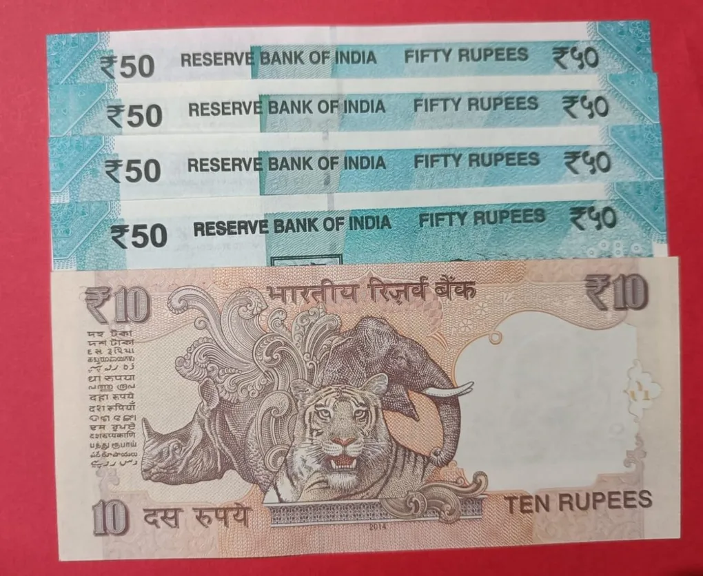 50 Rs and 10 Rs Lower Fancy Serial Number and Same Serial Number Set of 5 Notes