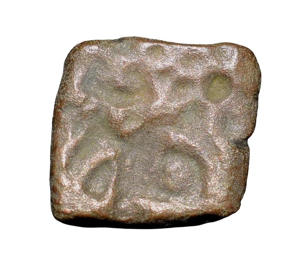 Copper Punch Mark from Vidisha (2nd - 1st Cen. BC) with Sun, 2-Arched Hill, Yupa in Railing
