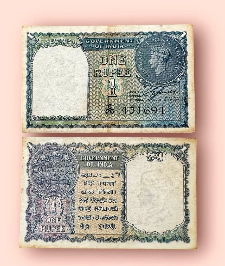 Re 1 British India Banknote 1940 Black Series King George VI Collectible Quality 471694 Burma Issue Unique and Rare Issue