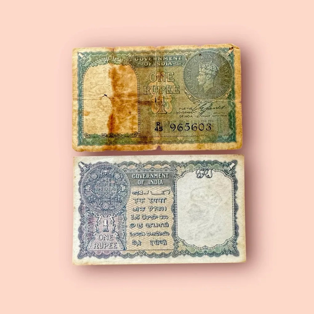Re 1 British India Banknote 1940 Series Black Series King George VI Collectible Quality 965603 Burma Issue Unique and Rare Issue