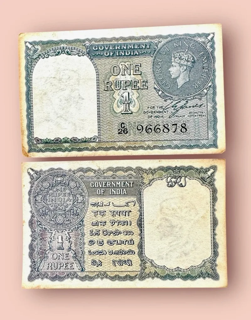 Re 1 British India Banknote 1940 Series Black Series King George VI Collectible Quality 966878 Unique and Rare Issue