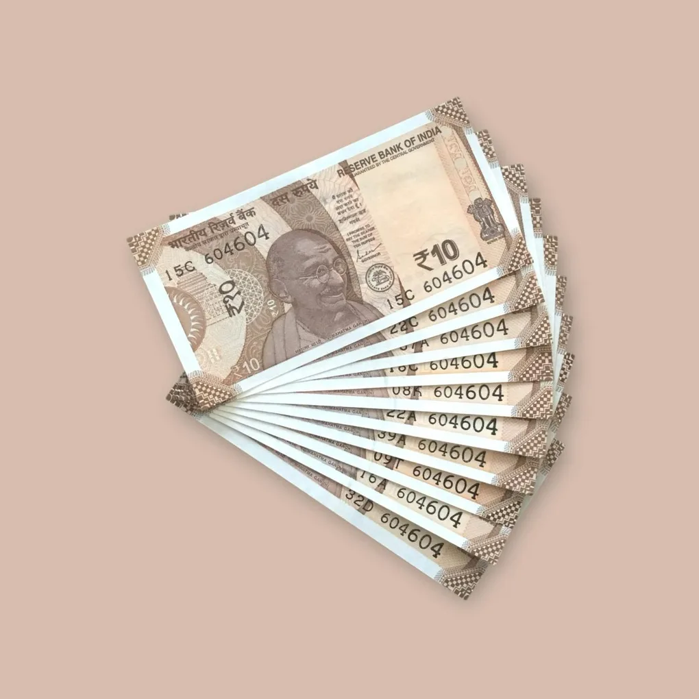 Rs 10/- India Bank Note Semi Fancy 10 Note Same Number Set 604604 Unique and Rare