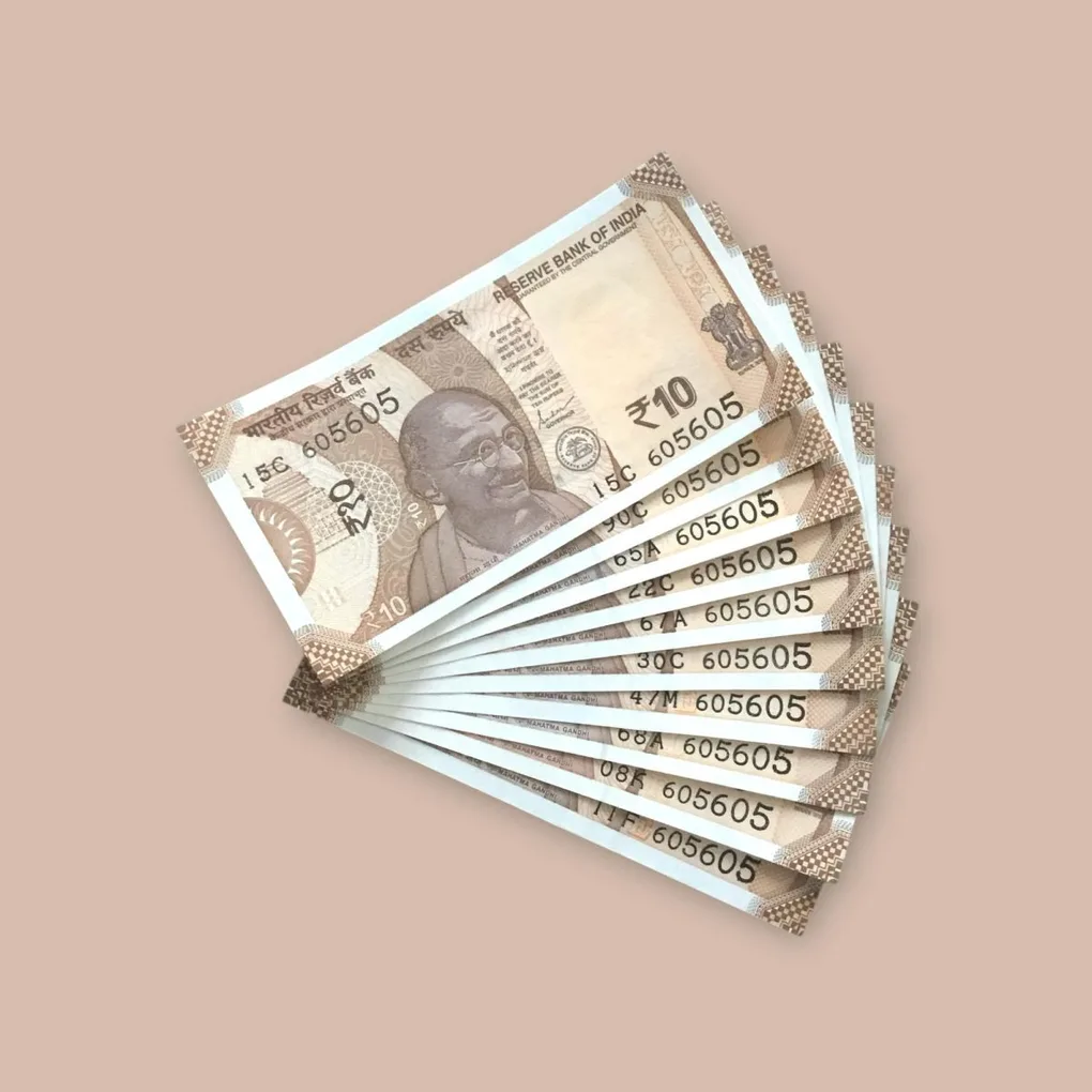 Rs 10/- India Bank Note Semi Fancy 10 Note Same Number Set 605605 Unique and Rare