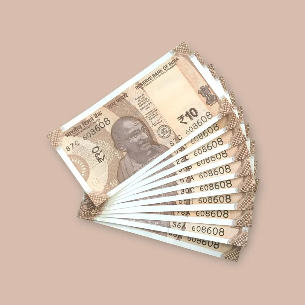 Rs 10/- India Bank Note Semi Fancy 10 Note Same Number Set 608608 Unique and Rare