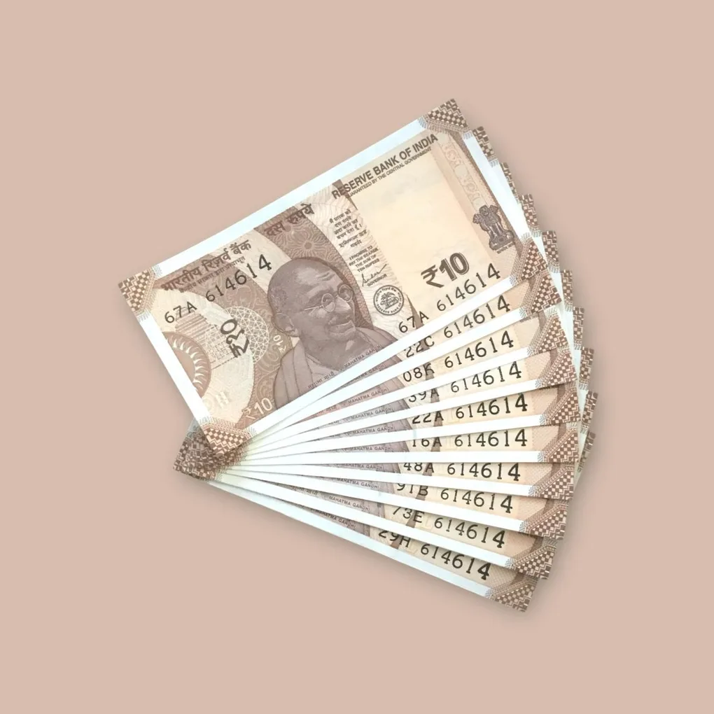 Rs 10/- India Bank Note Semi Fancy 10 Note Same Number Set 614614 Unique and Rare