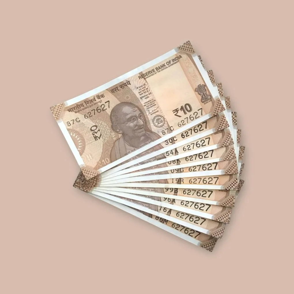 Rs 10/- India Bank Note Semi Fancy 10 Note Same Number Set 627627 Unique and Rare